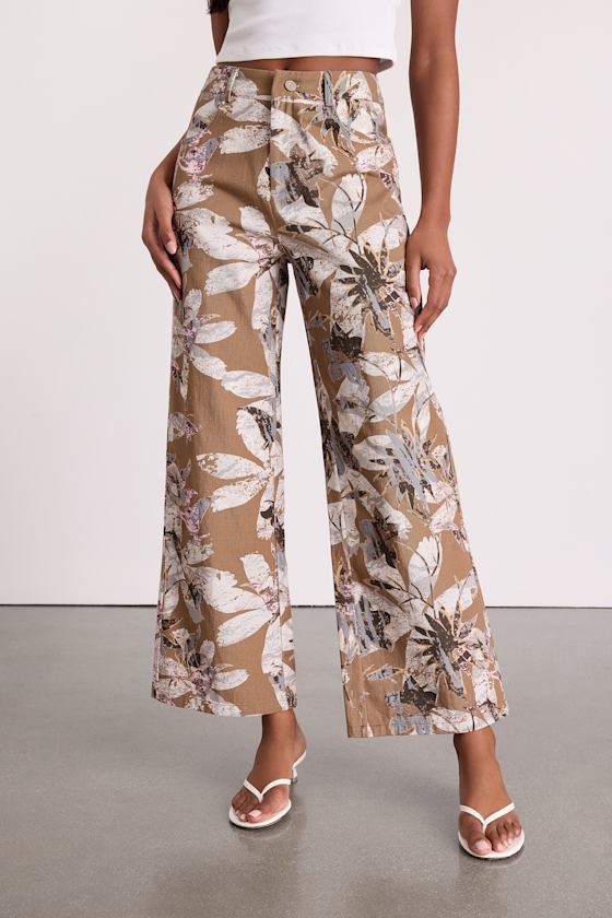 Venesse Light Brown Floral Twill Wide-Leg Pants - thumbnail 2