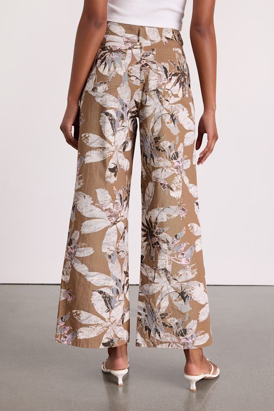 Venesse Light Brown Floral Twill Wide-Leg Pants - thumbnail 3