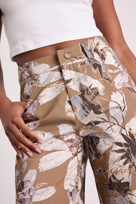 Venesse Light Brown Floral Twill Wide-Leg Pants - thumbnail 4