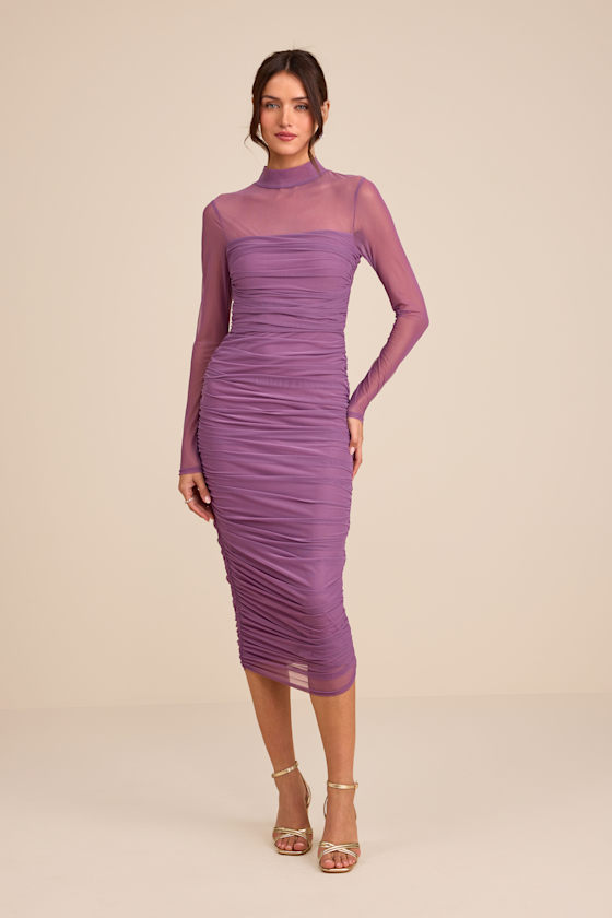 Dusty Purple Mesh Ruched Mock Neck Midi Dress | Womens | X-Large (Available in XXS, XS, S, M, L) | 100% Polyester | Lulus