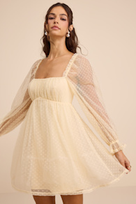 Dreamy Sweetness Beige Swiss Dot Ruffled Mini Babydoll Dress 1