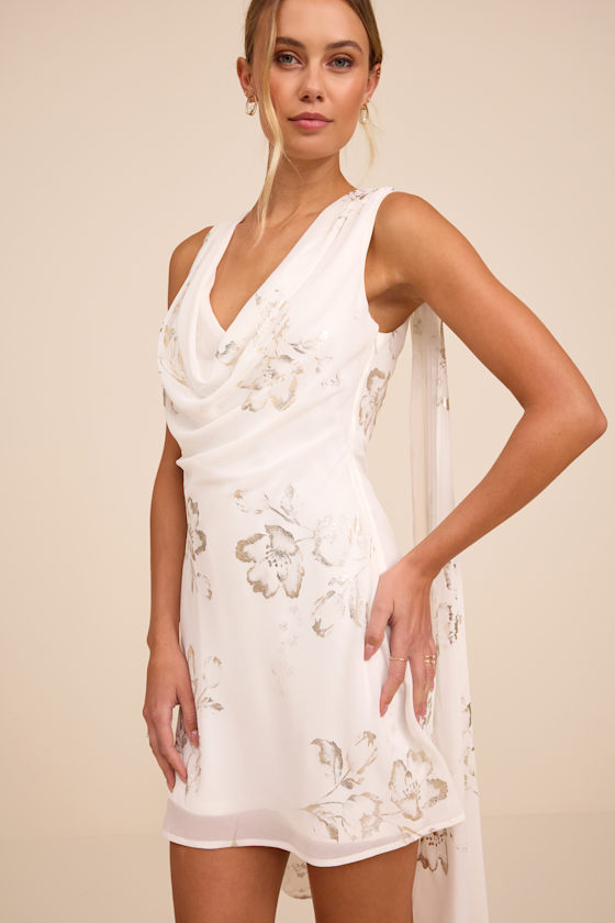 Sidonia White and Gold Floral Cowl Sash Mini Dress 2