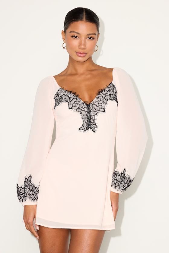 Image of Jayella Blush Eyelash Lace Long Sleeve Mini Dress