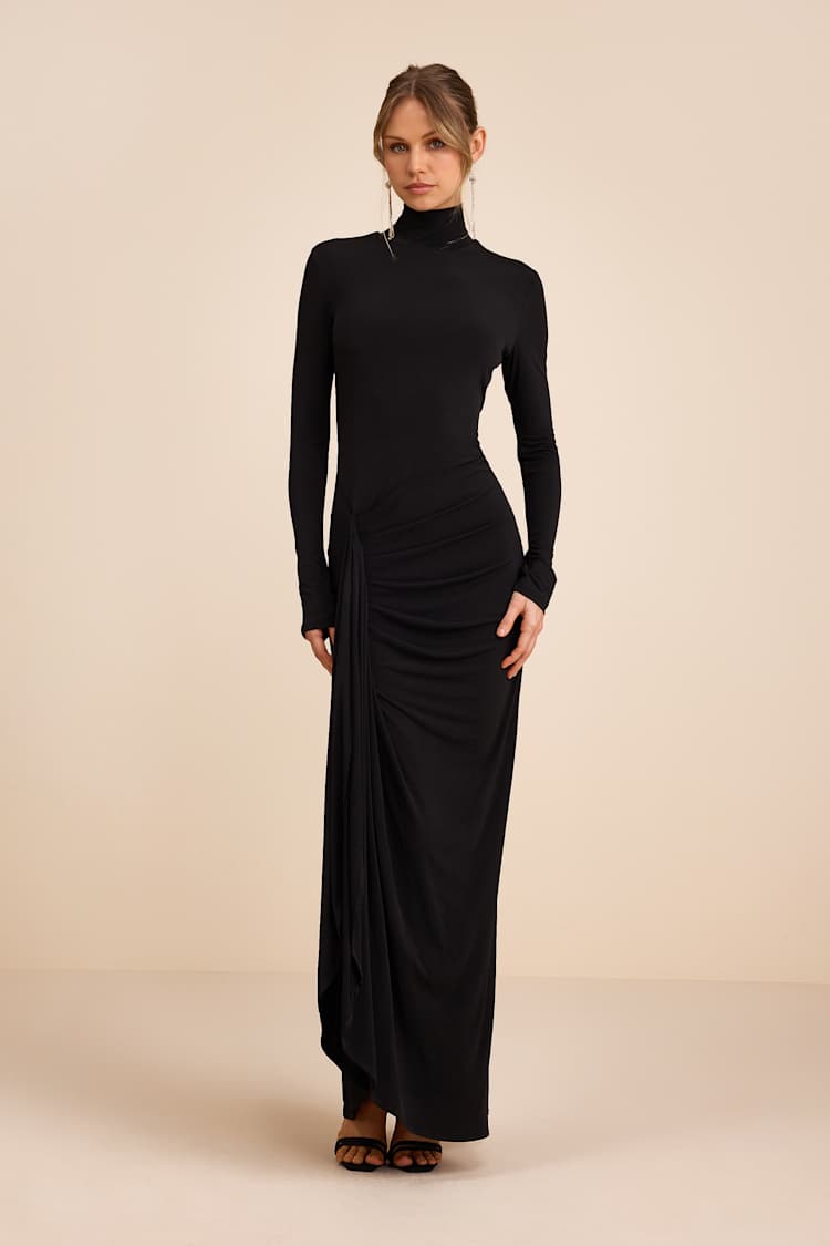 knee length dresses for ladies Long Sleeve Maxi Dress - Black