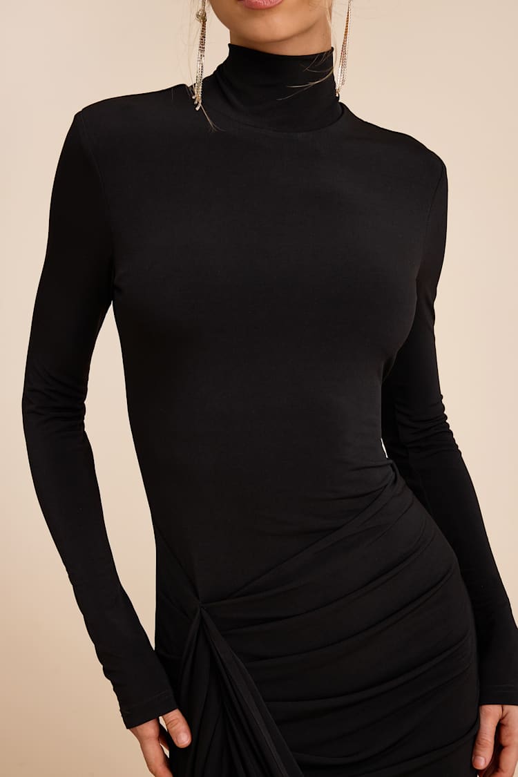 Lulus | Black Jersey Knit Mock Neck Maxi Dress | Womens | Small (Available in XS, M, XL) | Polyester/Spandex