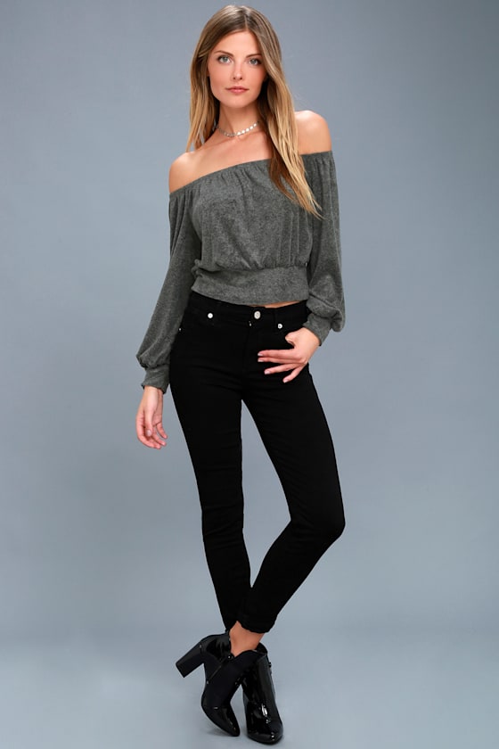 Good Time Charcoal Grey Off-the-Shoulder Cropped Sweater Top 2