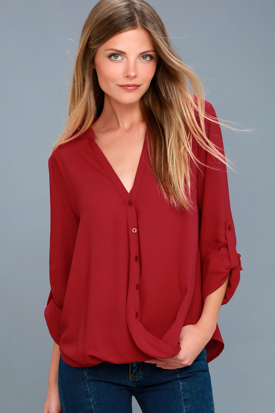 Chic Button-Up Top - Long Sleeve Top - Wine Red Top - Lulus