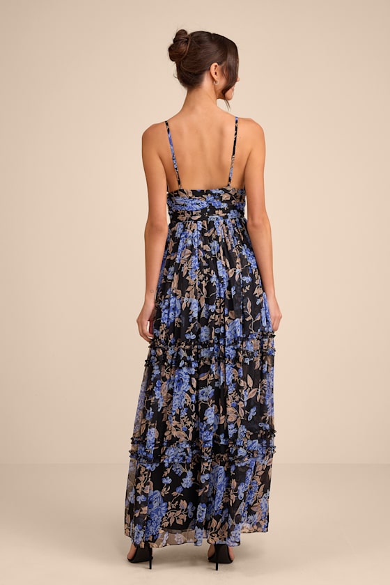 Niora Black and Blue Floral Pleated Maxi Dress - thumbnail 6