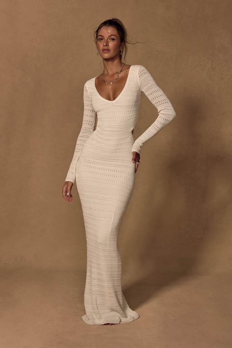 Shenoah White Crochet Cutout Long Sleeve Maxi Dress