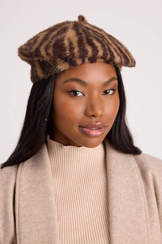 Dashwood Brown Animal Print Fuzzy Knit Beret 1