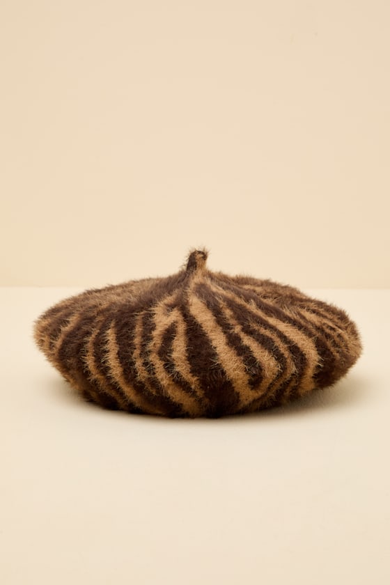 Dashwood Brown Animal Print Fuzzy Knit Beret 1