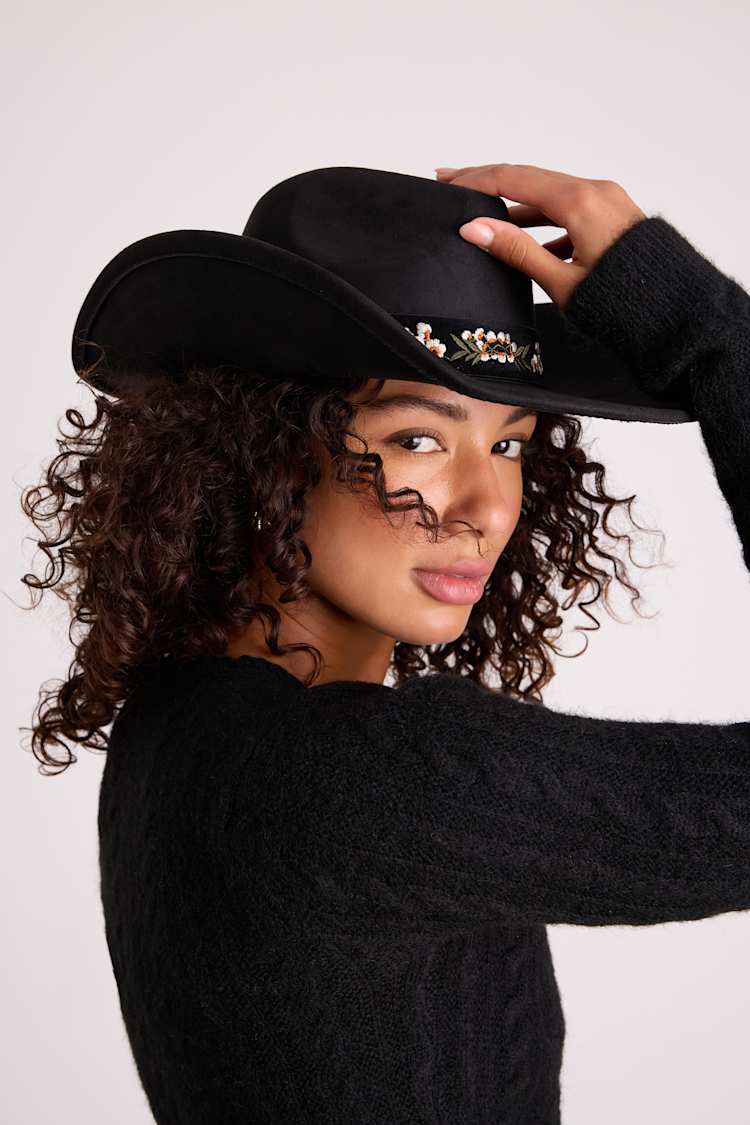 Black Western Hat - Faux Suede Cowboy Hat - Embroidered Hat  display picture 3