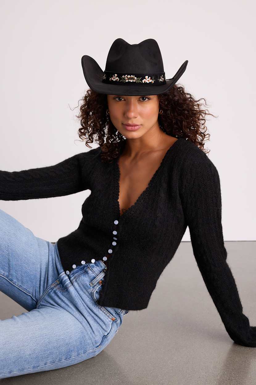Black Western Hat - Faux Suede Cowboy Hat - Embroidered Hat  display picture 3