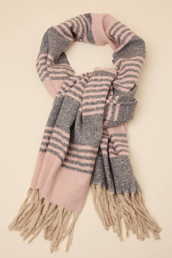Hazey Light Pink and Grey Marled Striped Fringe Scarf 1