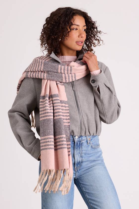 Hazey Light Pink and Grey Marled Striped Fringe Scarf 1
