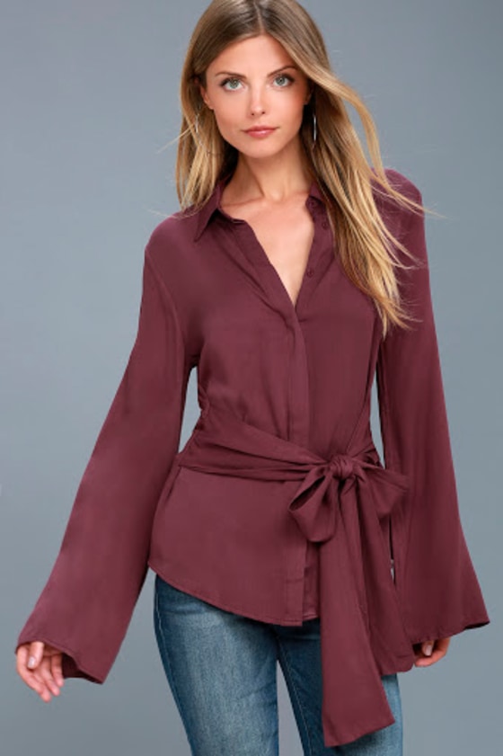 Mason Washed Burgundy Long Sleeve Cutout Button-Up Top