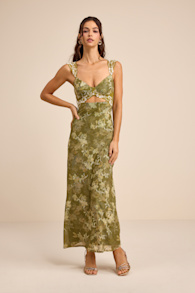 Endlessly Cute Green Floral Mesh Cutout Lace Bustier Maxi Dress 1