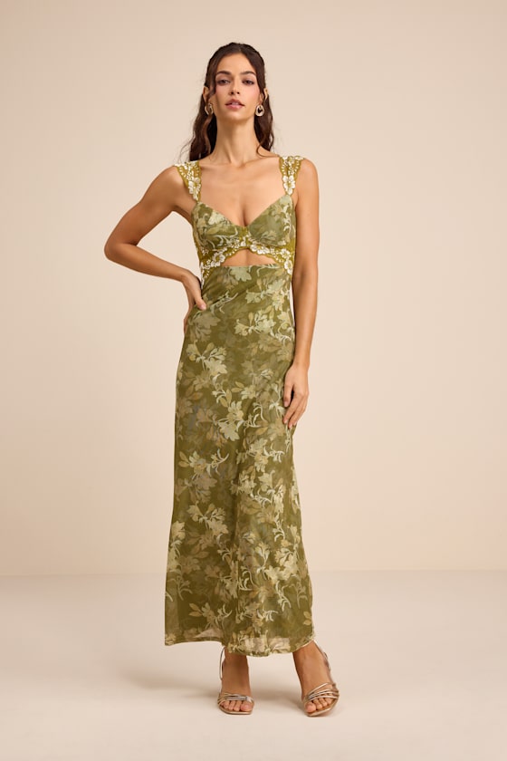 Endlessly Cute Green Floral Mesh Cutout Lace Bustier Maxi Dress 1