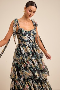 Svea Black Floral Tiered Tie-Strap Midi Dress 2