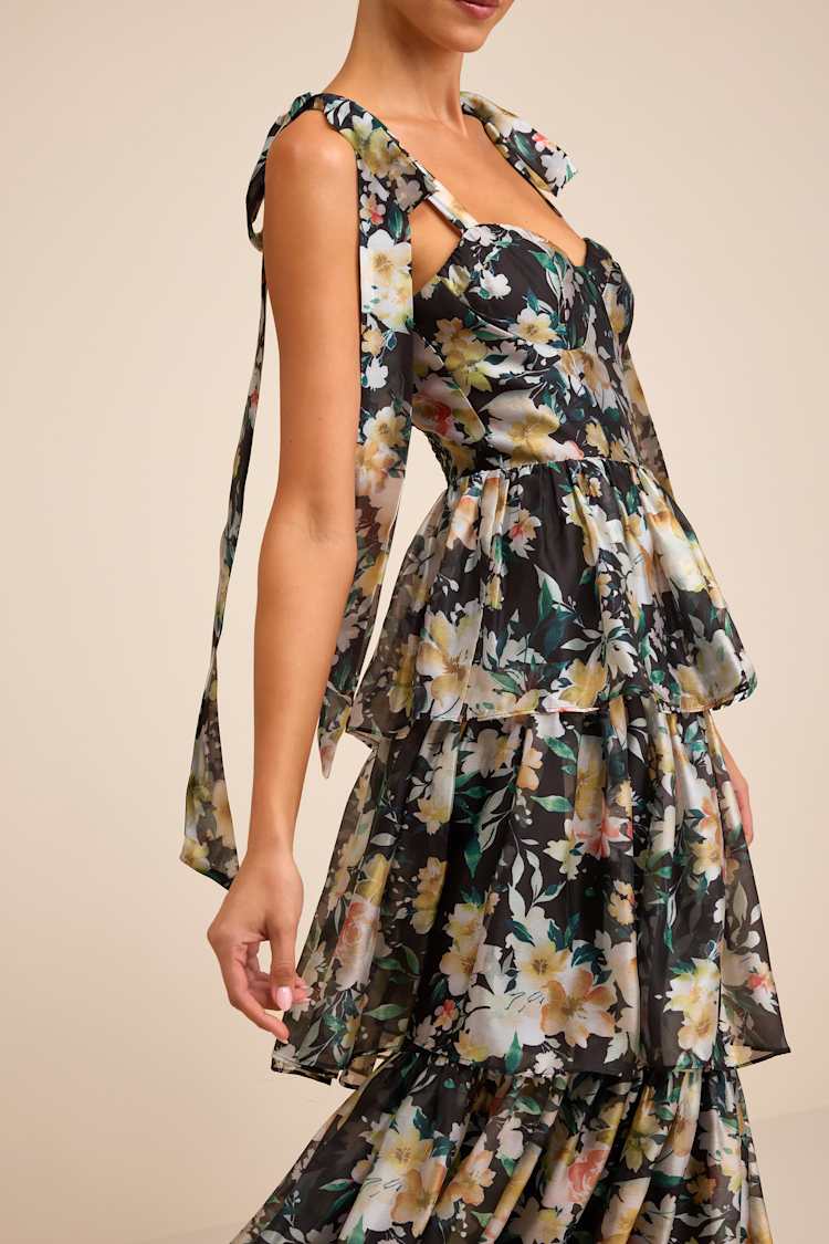 Black Floral Tiered Tie-Strap Midi Dress | Womens | X-Small (Available in XXS, S) | 100% Polyester