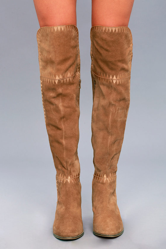 Moon Tan Suede Leather Embroidered Over the Knee Boots 4
