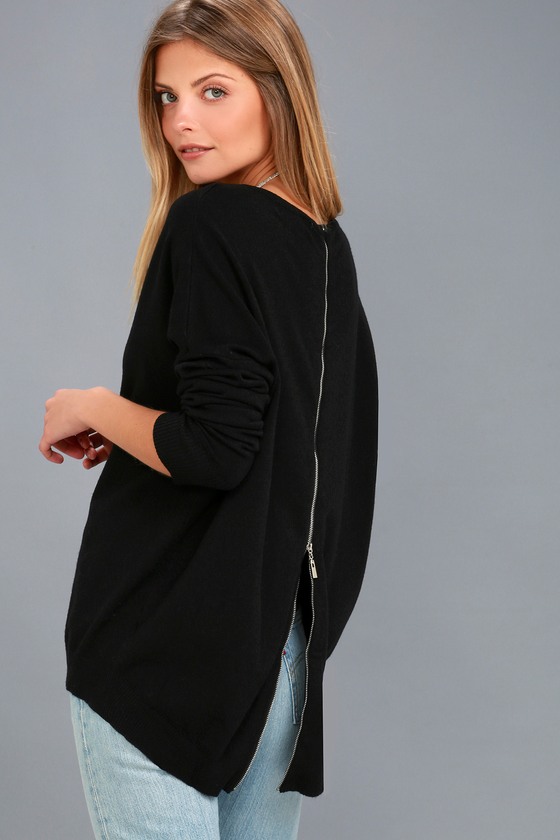 Cute Black Sweater Top - Zip Back Sweater - Long Sleeve Top - Lulus