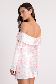 Luxurious Vision White Floral Satin Off-the-Shoulder Mini Dress 3
