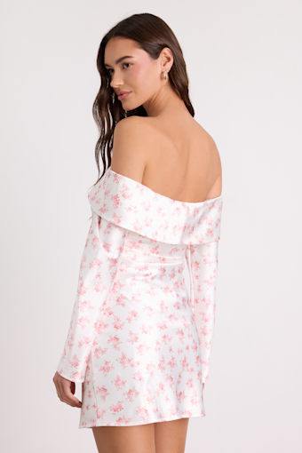Luxurious Vision White Floral Satin Off-the-Shoulder Mini Dress 3