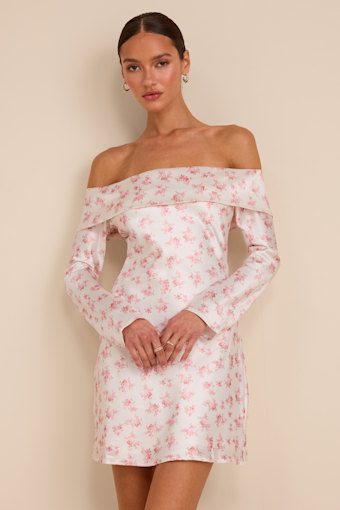 Luxurious Vision White Floral Satin Off-the-Shoulder Mini Dress 2