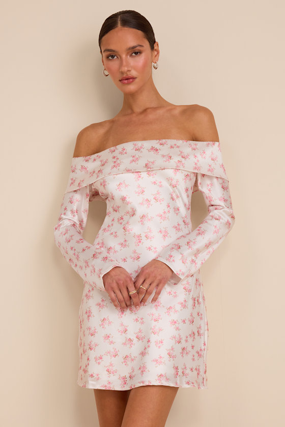 Luxurious Vision White Floral Satin Off-the-Shoulder Mini Dress 2