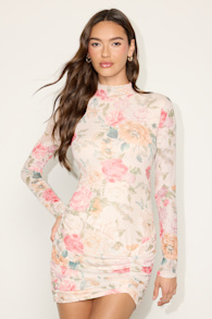 Prettiest Energy Ivory Multi Floral Mesh Long Sleeve Mini Dress 1