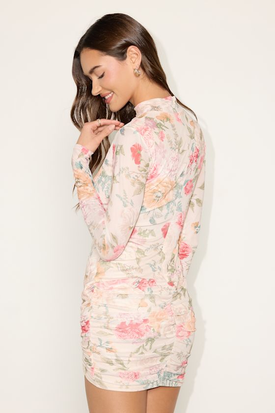 Ivory Mesh Mini Dress - Long Sleeve Mini Dress - Ruched Dress - Image 3