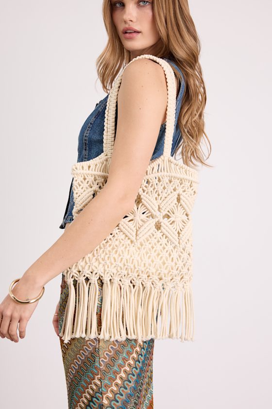 Cambria Ivory Macrame Fringe Tote Bag