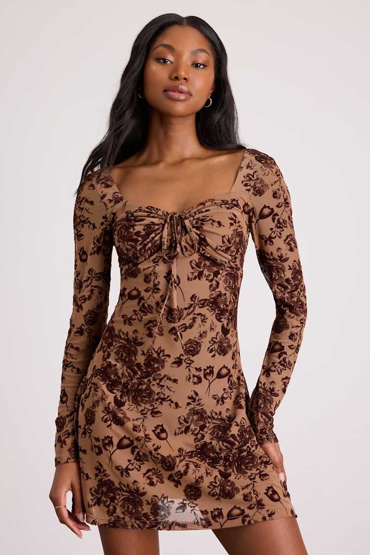 Lulus | Light Brown Floral Mesh Long Sleeve Mini Dress | Womens | Medium (Available in XS, S, L, Xl)
