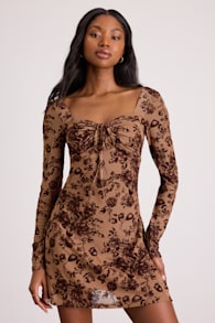 Ardella Light Brown Floral Mesh Long Sleeve Mini Dress 1