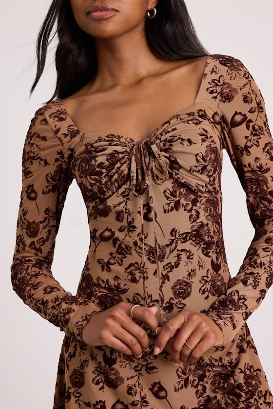 Ardella Light Brown Floral Mesh Long Sleeve Mini Dress 2