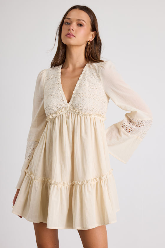 Cream Babydoll Dress - Long Sleeve Mini Dress - Crochet Lace Mini
