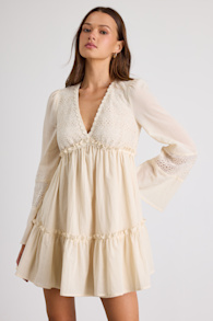 Dovelynn Cream Long Sleeve Baby Doll Mini Dress 1