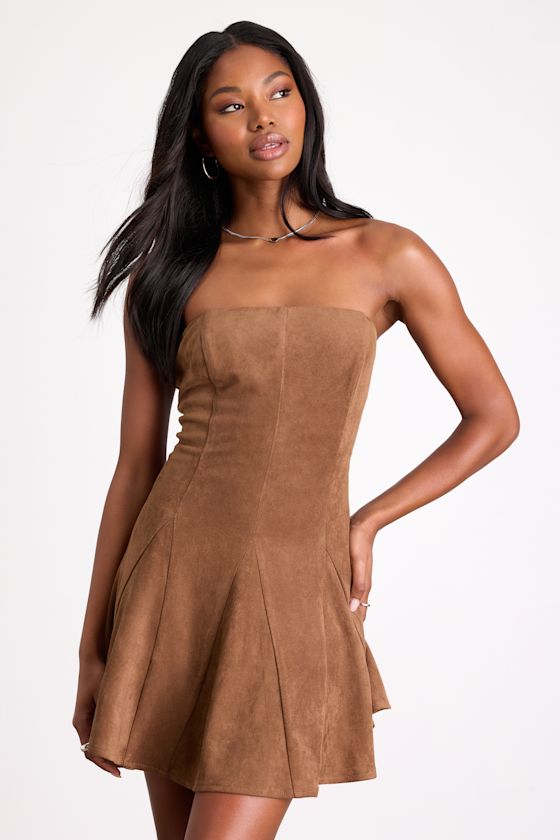 Light Brown Suede Dress - Fit-and-Flare Dress - Strapless Dress