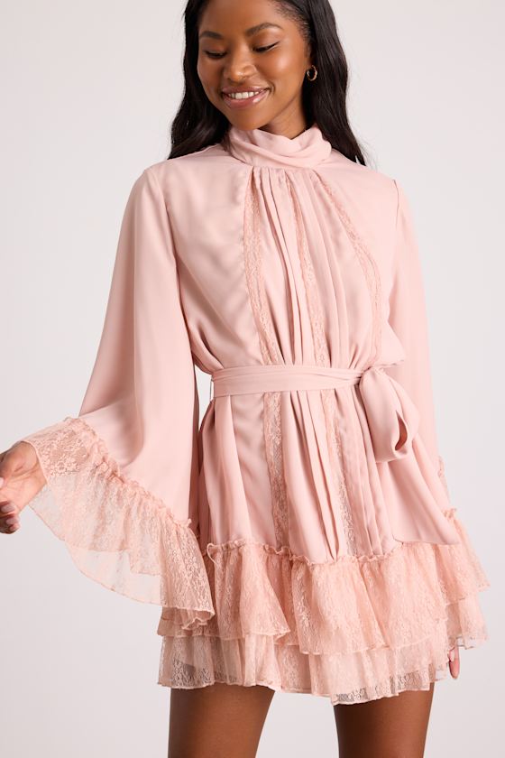Sidonie Blush Pink Lace Bell Sleeve Mini Dress 1