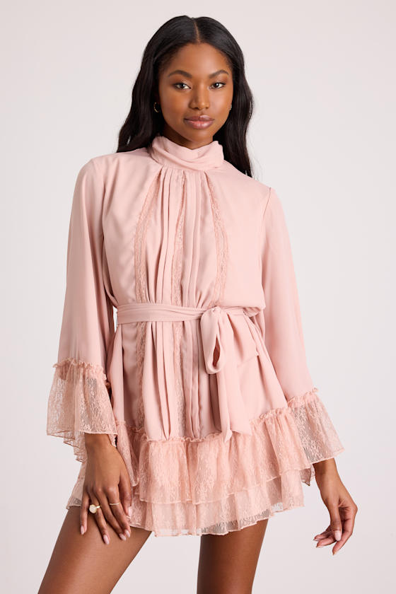 Sidonie Blush Pink Lace Bell Sleeve Mini Dress 2