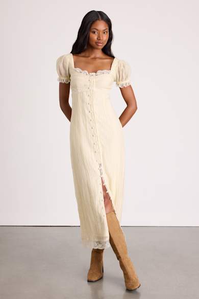 slim fit dress slacks Clo Puff Sleeve Midi Dress - White
