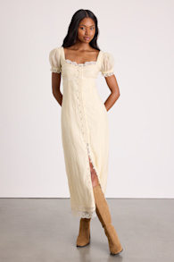 Crissa Cream Lace Textured Puff Sleeve Midi Dress 1