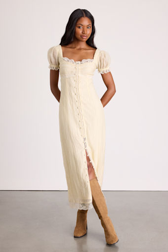 Crissa Cream Lace Textured Puff Sleeve Midi Dress 1