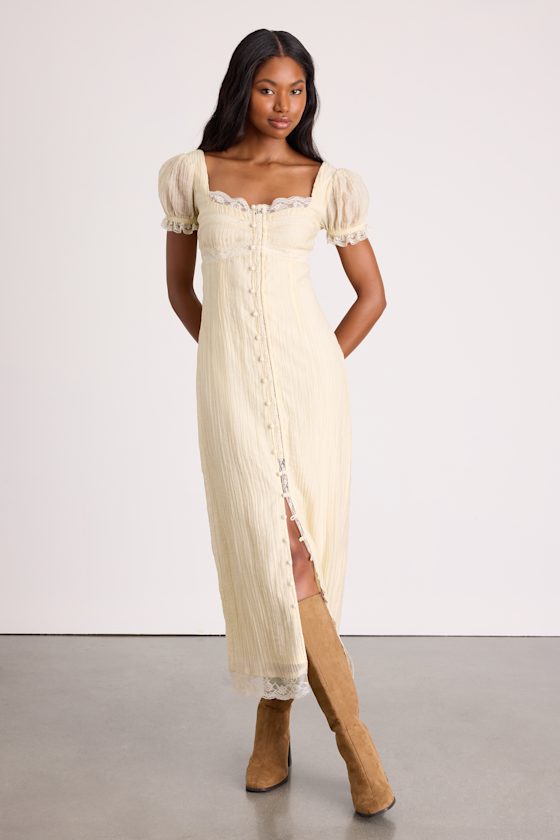 Crissa Cream Lace Textured Puff Sleeve Midi Dress 1