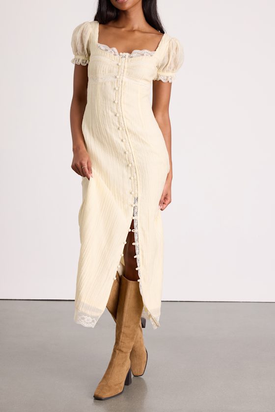 Crissa Cream Lace Textured Puff Sleeve Midi Dress