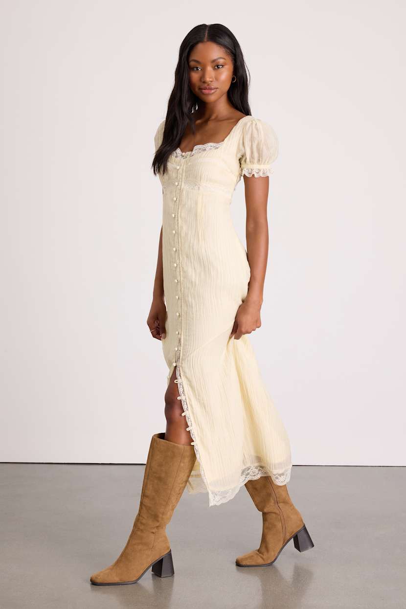 beige dress puff sleeve Lace Buttoned Beige Dress – Puff Sleeves | Floral Embroidery