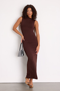 Anca Brown Sleeveless Mock Neck Bodycon Maxi Dress 1
