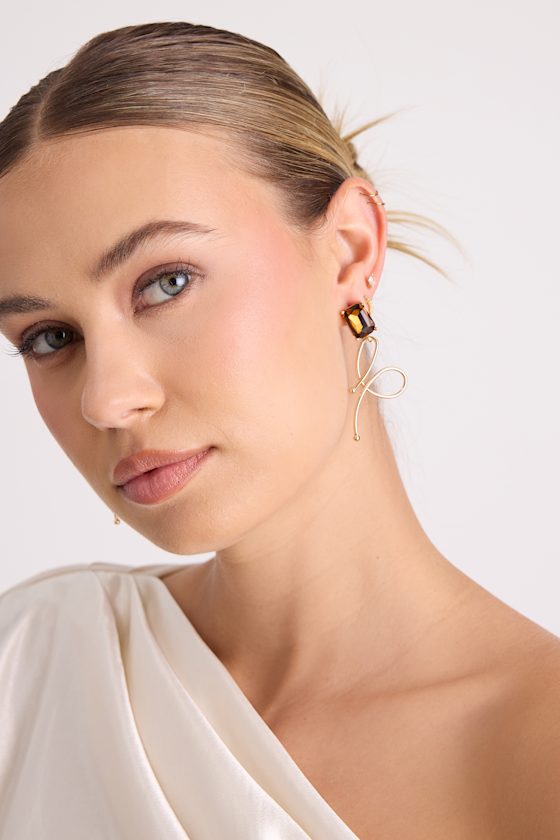Letta Brown and Gold Rhinestone Abstract Drop Earrings 1