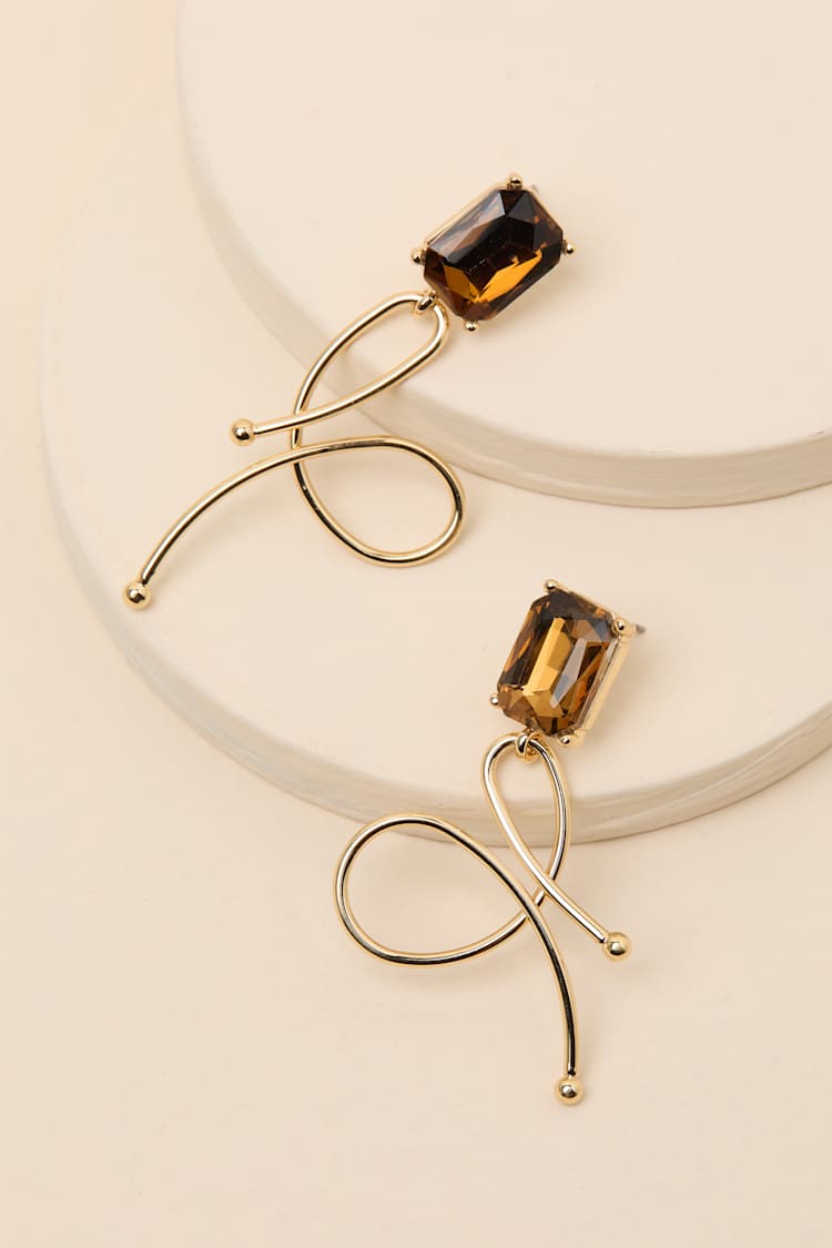 Letta Brown and Gold Rhinestone Abstract Drop Earrings